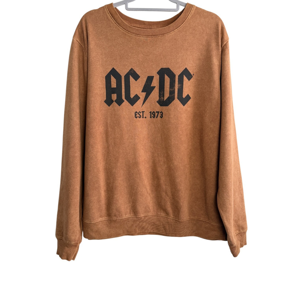 AC/DC Est 1973 Crewneck Sweatshirt Womens L Caramel Mineral Wash Rock Band Merch